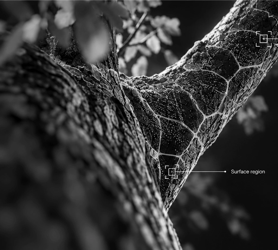 Monochrome tree branch with surface data points and a labelled surface region