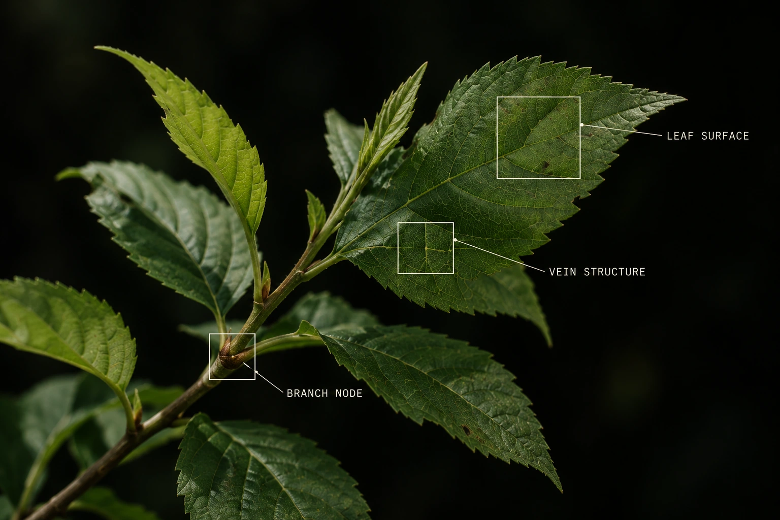 Detailed green leaves with analysis callouts for the leaf surface, vein structure and branch node