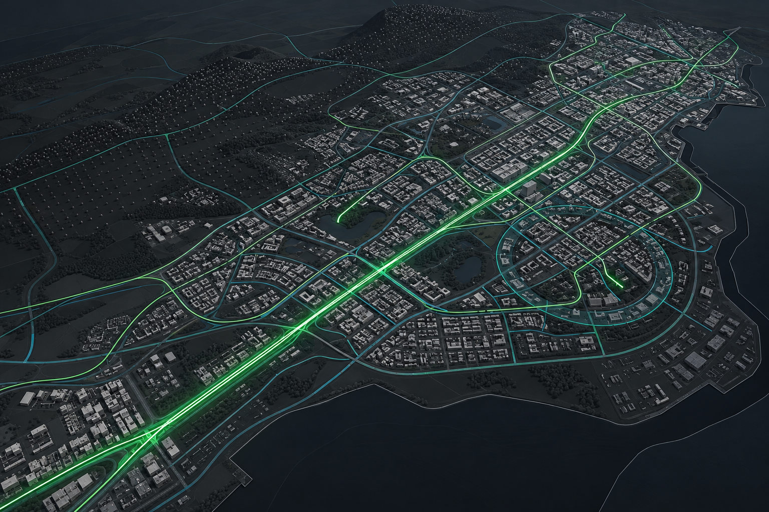 Dark city model with green connected infrastructure routes