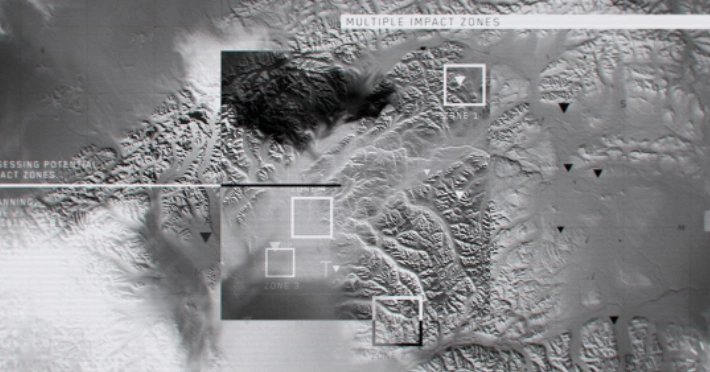 Grayscale terrain analysis with marked hazard impact zones