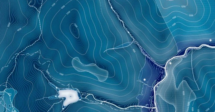 Blue topographic map showing river channels and elevation contours